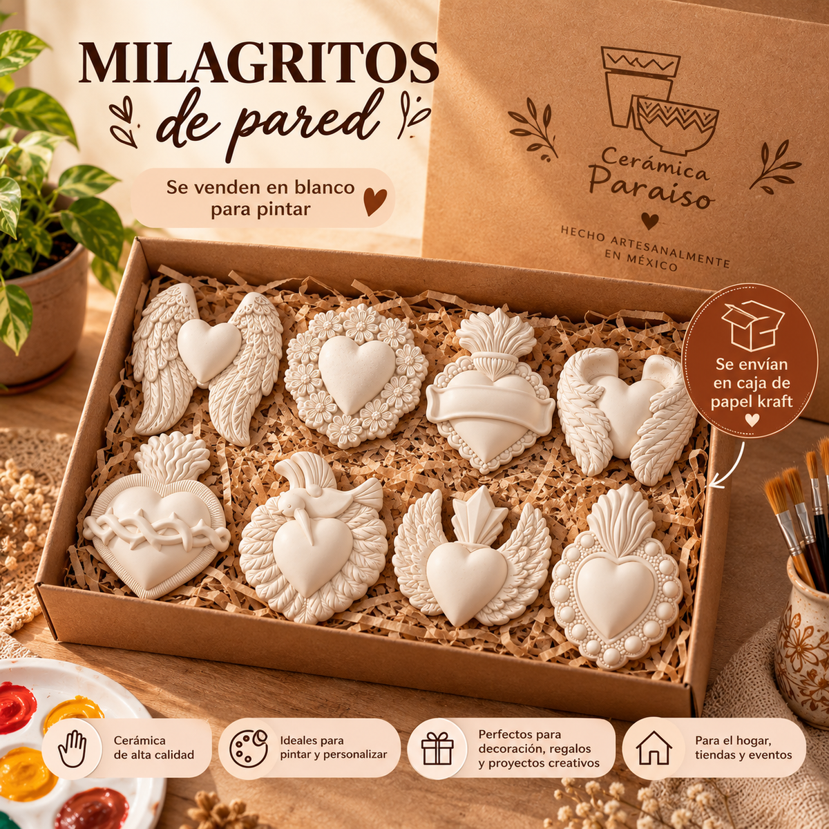 Set 8 Milagritos Ceramica en Blanco para pintar - Decoración Pared para Interiores