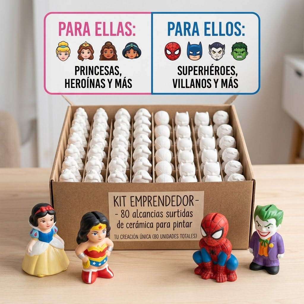 Paquete 80 Alcancias Ceramica Para Pintar - Paquete para emprendedores que combina Heroes y Princesas